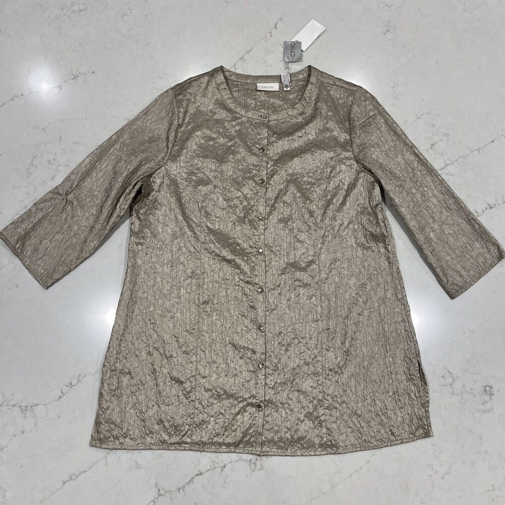CHICOs NEW Travelers Metallic Modern Minimalist Taupe Tunic Jacket Sz 2‎ ( L )